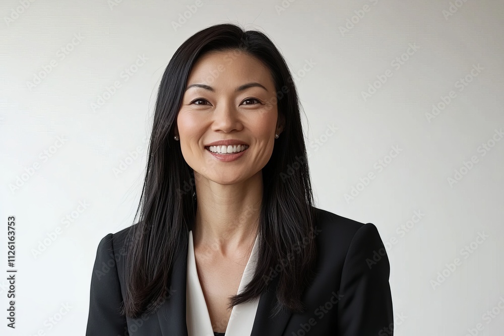 A woman in a black suit and white blouse is smiling A woman in a black suit and white blouse is smiling