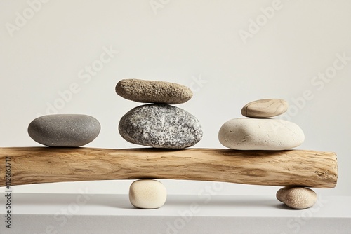 This captivating image features a thoughtfully composed arrangement of stones and wooden elements, representing stability and balance against a neutral background. photo