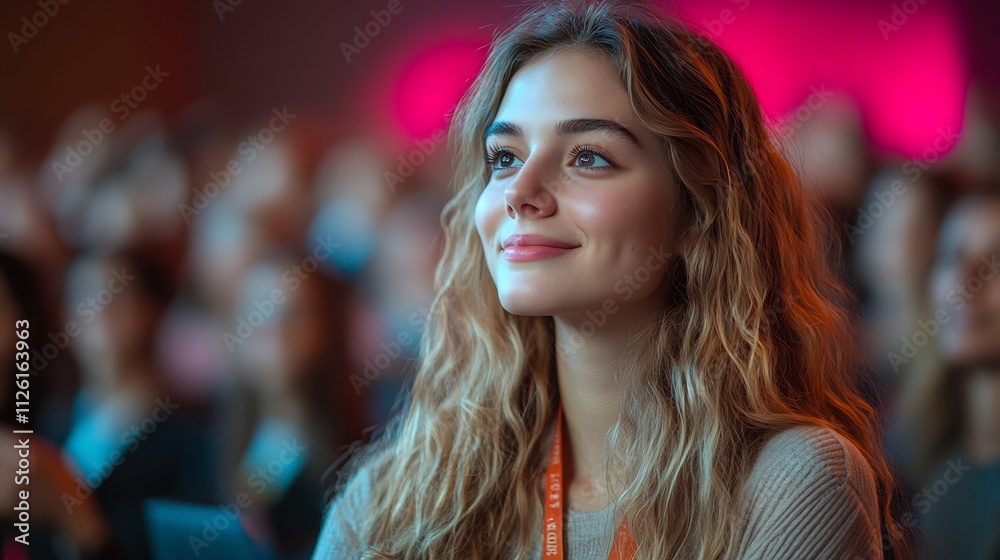 Enthusiastic Female Attendee Cheering at Business Conference Presentation Enthusiastic Female Attendee Cheering at Business Conference Presentation
