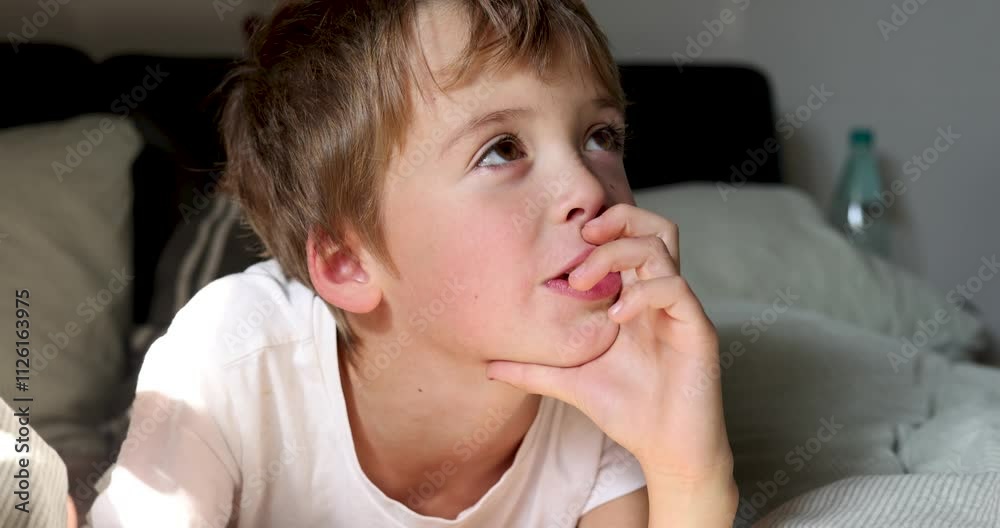 Real time zoom in cute crop boy in white t shirt looking up and then at camera while along on lying on belly on bed and leaning hand touching cheek and lips and spending time bedroom home daylight Real time zoom in cute crop boy in white t shirt looking up and then at camera while along on lying on belly on bed and leaning hand touching cheek and lips and spending time bedroom home daylight