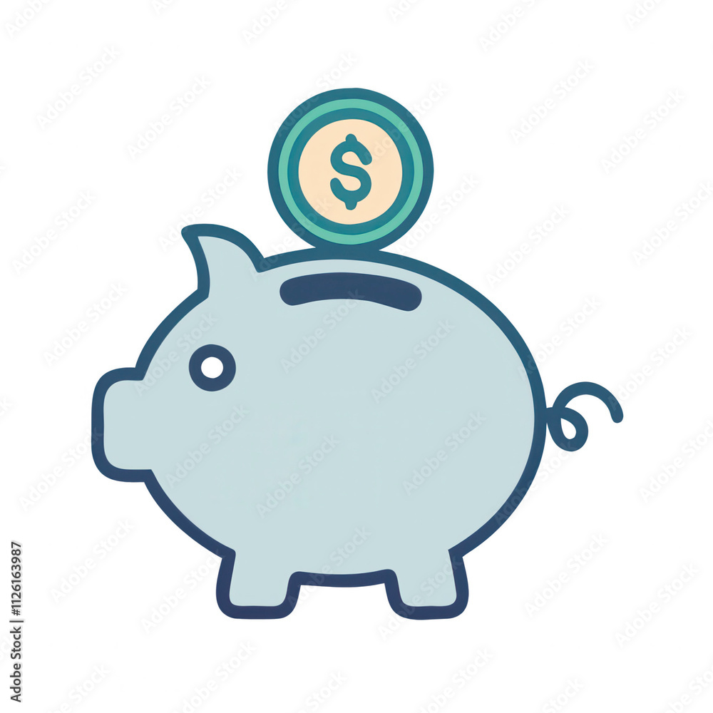 Obraz premium Blue piggy bank with coin in minimalist flat design