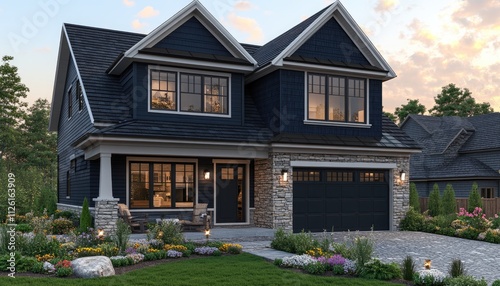 Modern two-story house, dark blue siding, stone accents. Perfect for real estate, architecture, and home design projects.