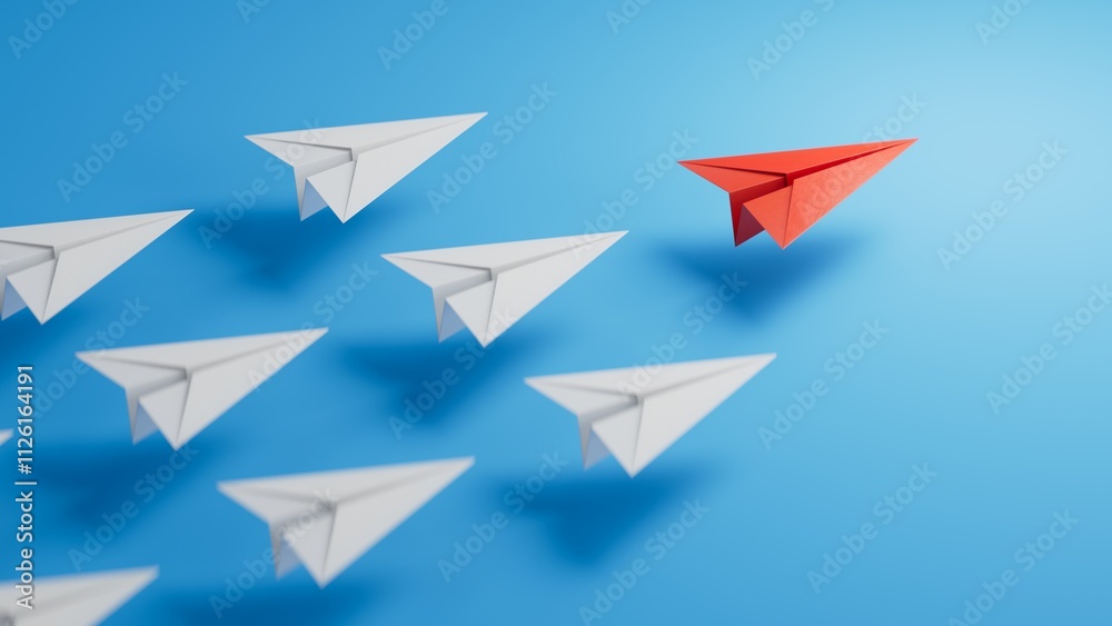 Different business concept.new ideas. paper art style. creative idea.Business competition concept with Colorful paper planes.3D rendering on blue background. Different business concept.new ideas. paper art style. creative idea.Business competition concept with Colorful paper planes.3D rendering on blue background.