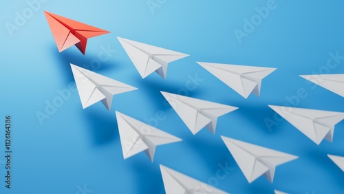 Different business concept.new ideas. paper art style.Leaderplane concept with red paper plane leading among white planes.3D rendering on blue background.