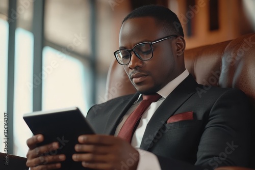 Business Professional Reading on Digital Tablet in Modern Office Setting with Natural Light