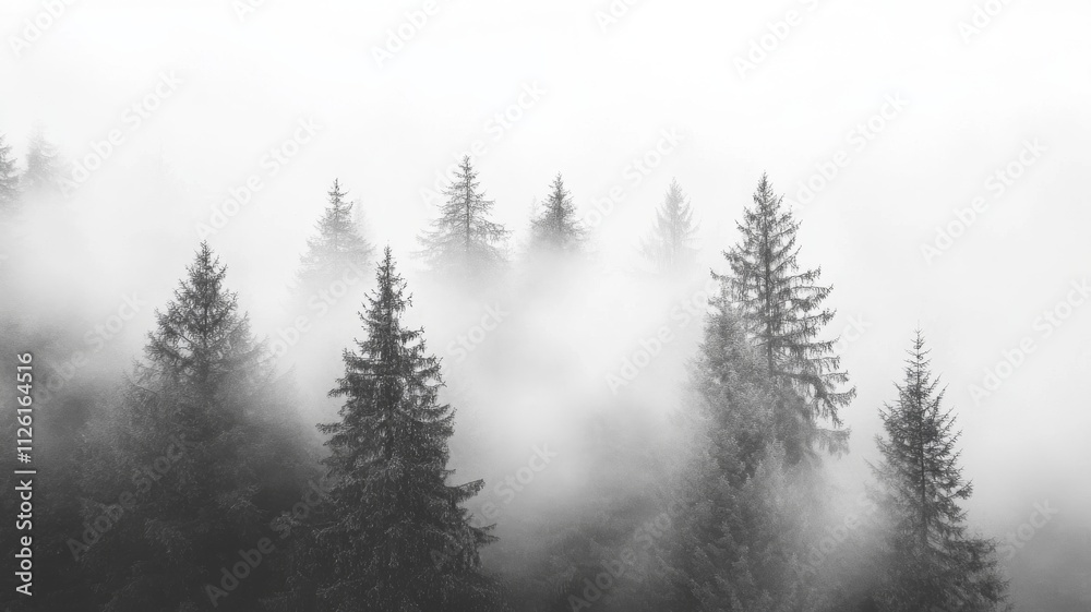 Misty Mountaintop Evergreen Forest in Monochrome. Misty Mountaintop Evergreen Forest in Monochrome.