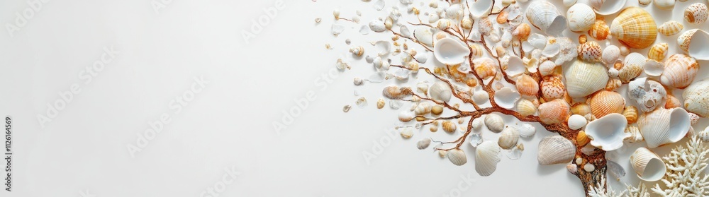A creative arrangement of seashells forming a tree-like structure on a light background. A creative arrangement of seashells forming a tree-like structure on a light background.