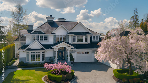 Exquisite Custom Built Mansion with Impressive Landscaping,Luxury stone home with turret and cedar shake roof,funeral home exterior with landscaped garden and parking, created with
