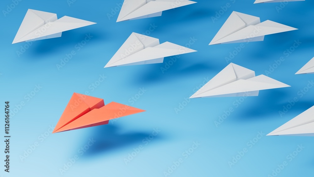 Red paper origami plane have individual direction from unique white planes in different way. Business strategy and opportunity concept.3D rendering on blue background. Red paper origami plane have individual direction from unique white planes in different way. Business strategy and opportunity concept.3D rendering on blue background.