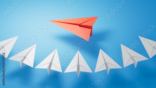 Different business concept.new ideas. paper art style. creative idea.Set of origami planes. Leaderplane concept.3D rendering on blue background. photo