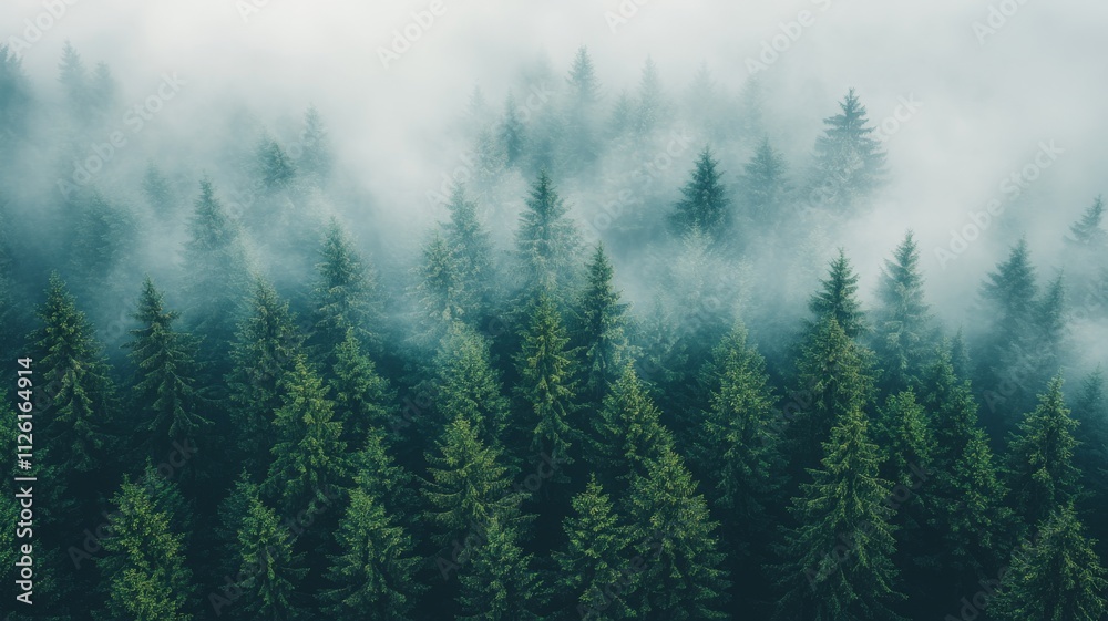 Misty Mountaintop Evergreen Forest Aerial View. Misty Mountaintop Evergreen Forest Aerial View.