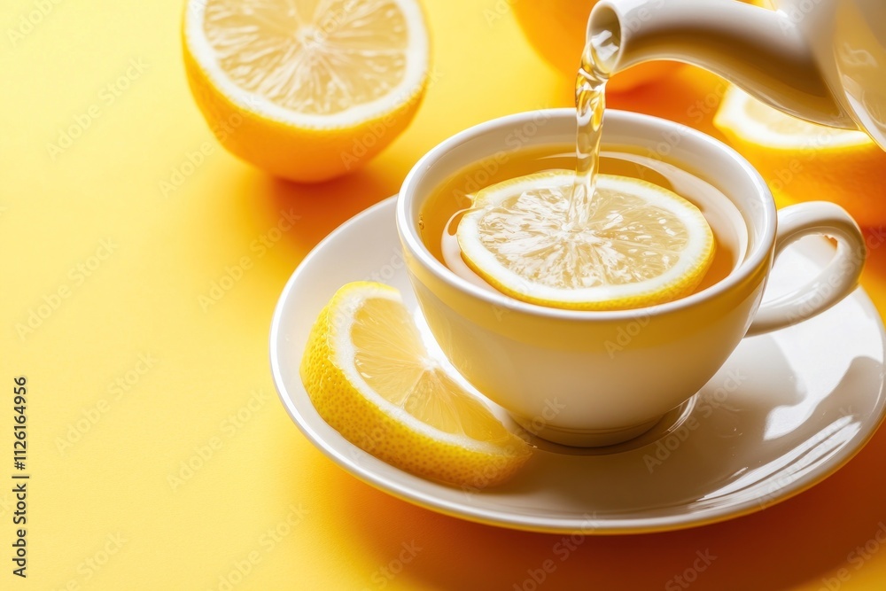 A teapot pours warm tea with lemon slices into a cup, surrounded by fresh lemons on a yellow background. A teapot pours warm tea with lemon slices into a cup, surrounded by fresh lemons on a yellow background.