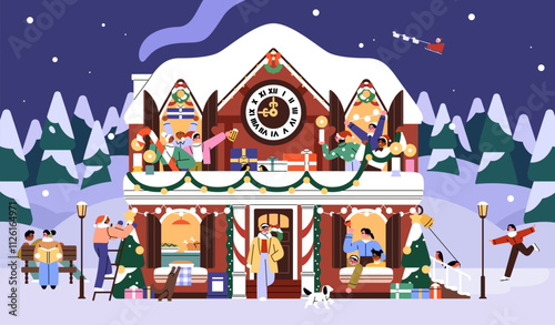 Facade of holiday clock tower with decorations, ornaments. Happy people have fun, celebrate Christmas on frontage of house. Xmas exterior of building on New Year landscape. Flat vector illustration