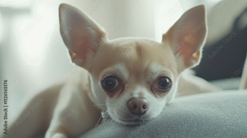 A close-up of a relaxed Chihuahua resting on a soft surface. A close-up of a relaxed Chihuahua resting on a soft surface.