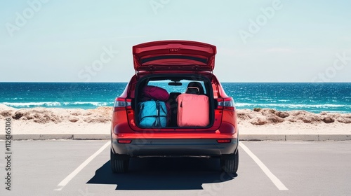 Red Car Packed for Beach Vacation photo