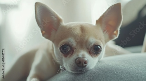 A close-up of a relaxed Chihuahua resting on a soft surface.