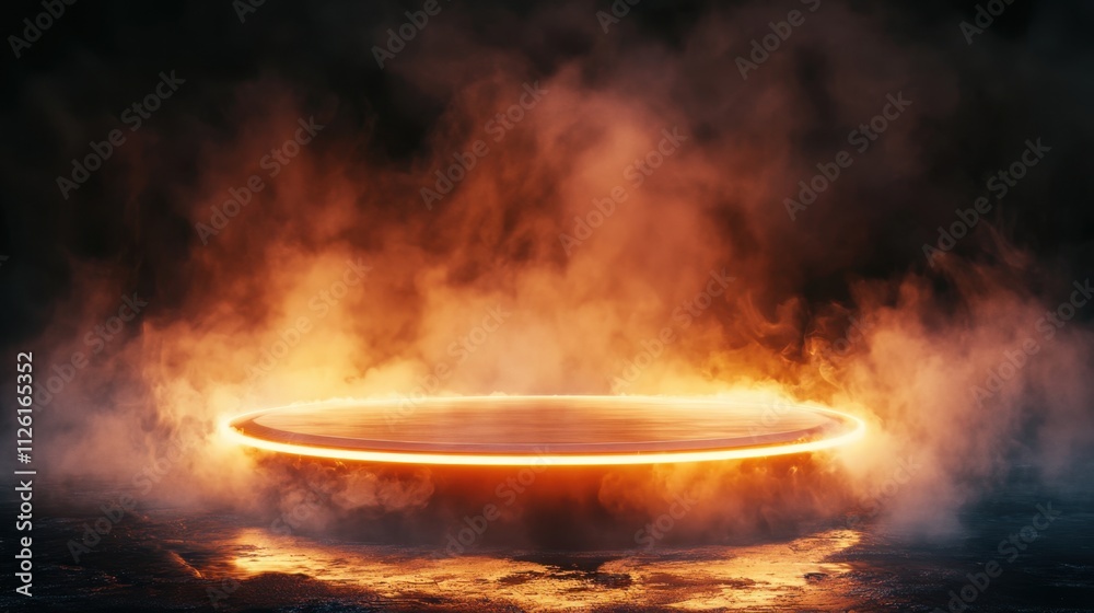 A glowing circular product platform in a smoky atmosphere. A glowing circular product platform in a smoky atmosphere.