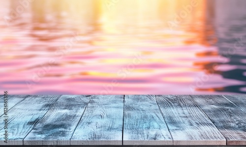 A serene wooden dock overlooking calm water with a colorful sunset reflection.