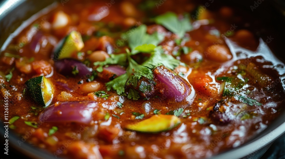 A close-up of a hearty vegetable stew garnished with fresh herbs. A close-up of a hearty vegetable stew garnished with fresh herbs.
