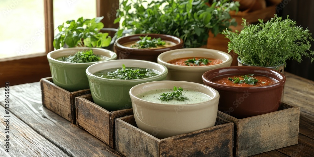 A variety of soups served in bowls garnished with herbs on a rustic wooden table. A variety of soups served in bowls garnished with herbs on a rustic wooden table.