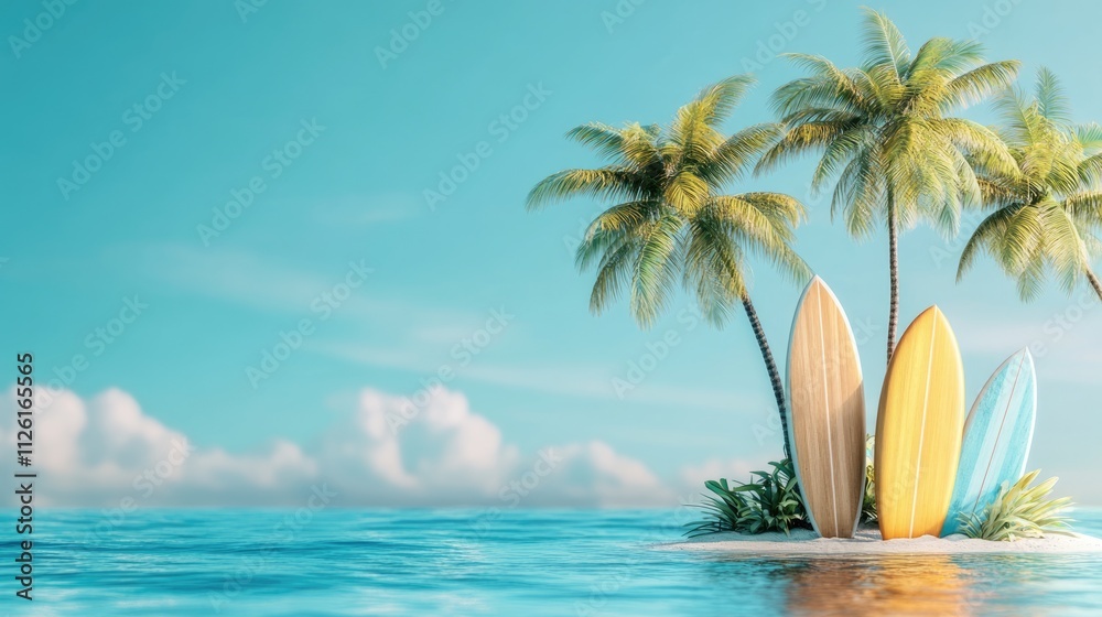 Fototapeta premium Summer Paradise with Palm Trees and Surfboards