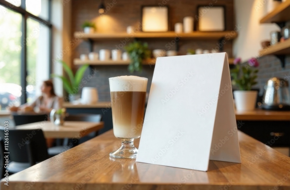 Mock up: empty white sign on the counter in a cozy coffee shop, next to a glass of latte coffee. Stylish modern interior of a coffee shop in a trendy mocha mousse color Mock up: empty white sign on the counter in a cozy coffee shop, next to a glass of latte coffee. Stylish modern interior of a coffee shop in a trendy mocha mousse color