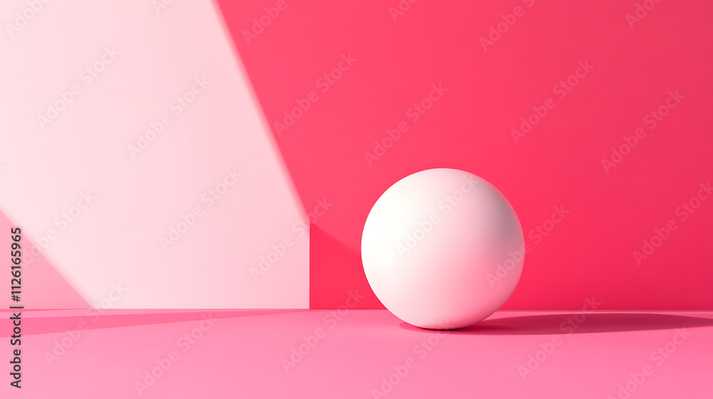 Round white sphere on pink surface with angled shadows creating an abstract composition Round white sphere on pink surface with angled shadows creating an abstract composition