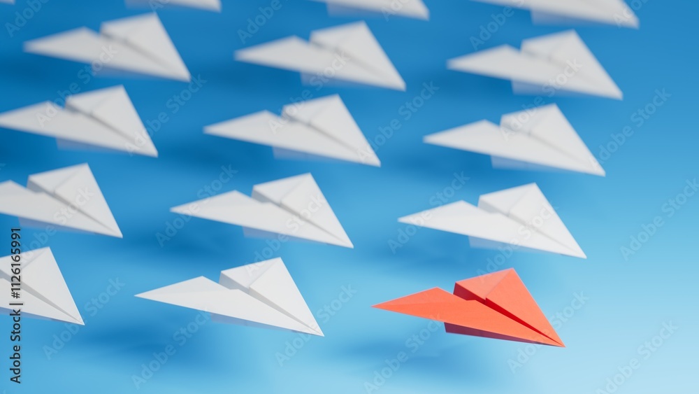 Different business concept.new ideas. paper art style. creative idea.Red and white paper plane. Leaderplane concept.3D rendering on blue background. Different business concept.new ideas. paper art style. creative idea.Red and white paper plane. Leaderplane concept.3D rendering on blue background.