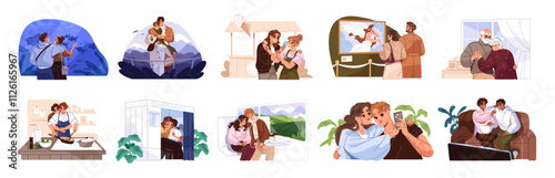 Set of diverse cute couples are on romantic date. Happy homosexual, interracial, young, old beloveds spend time together. Lovers have fun, hug, kiss, love. Flat isolated vector illustrations on white