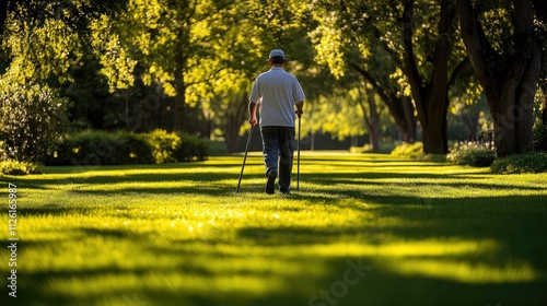 A blind individual walking with his cane in a lush green park on a sunny day photo