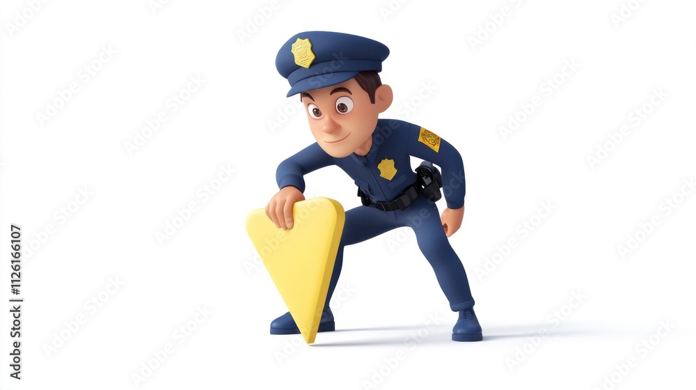 A cartoon police officer lifting a yellow triangular object with a friendly expression. A cartoon police officer lifting a yellow triangular object with a friendly expression.