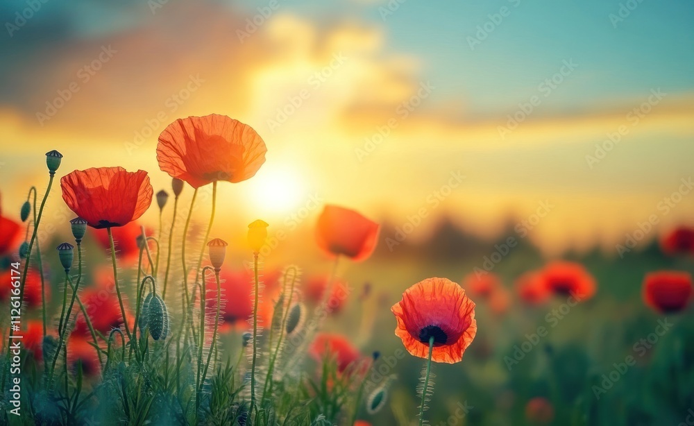 Fototapeta premium A vibrant field of red poppy flowers under a sunset sky.