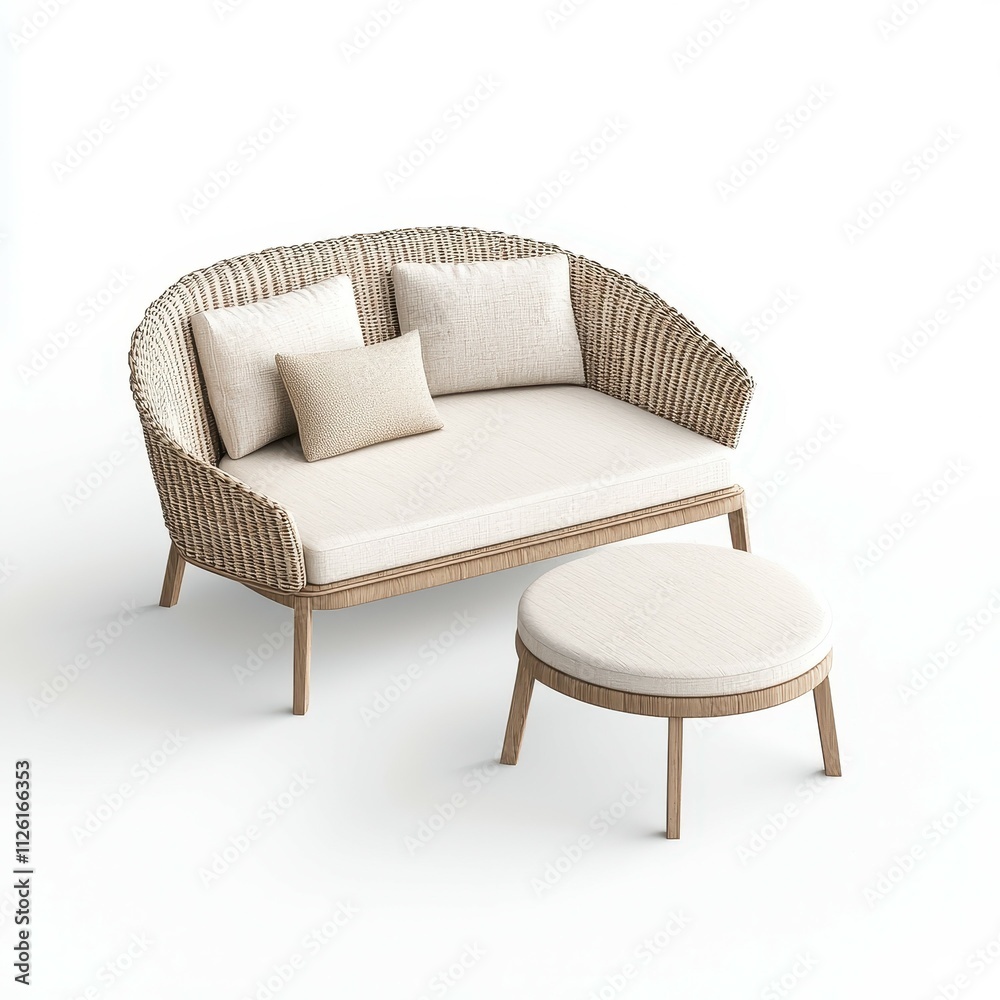 A stylish wicker sofa set with cream cushions, perfect for outdoor or indoor relaxation. A stylish wicker sofa set with cream cushions, perfect for outdoor or indoor relaxation.