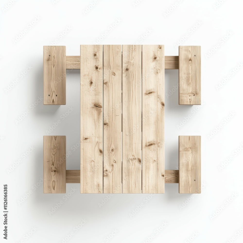 A minimalist wooden dining table with four benches, viewed from above, showcasing natural wood grains and a simple, modern design. A minimalist wooden dining table with four benches, viewed from above, showcasing natural wood grains and a simple, modern design.