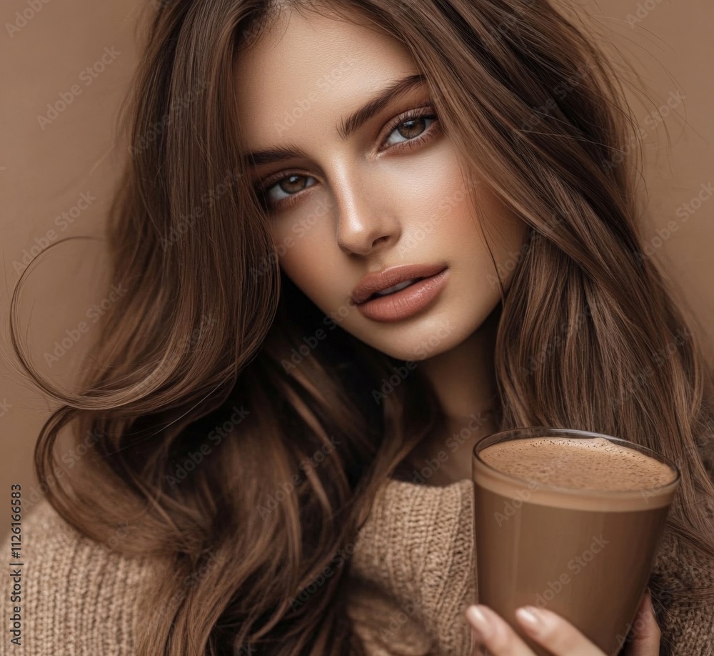 Mocha Mousse. Girl Holding Hot Chocolate in Warm Brown Tones Mocha Mousse. Girl Holding Hot Chocolate in Warm Brown Tones