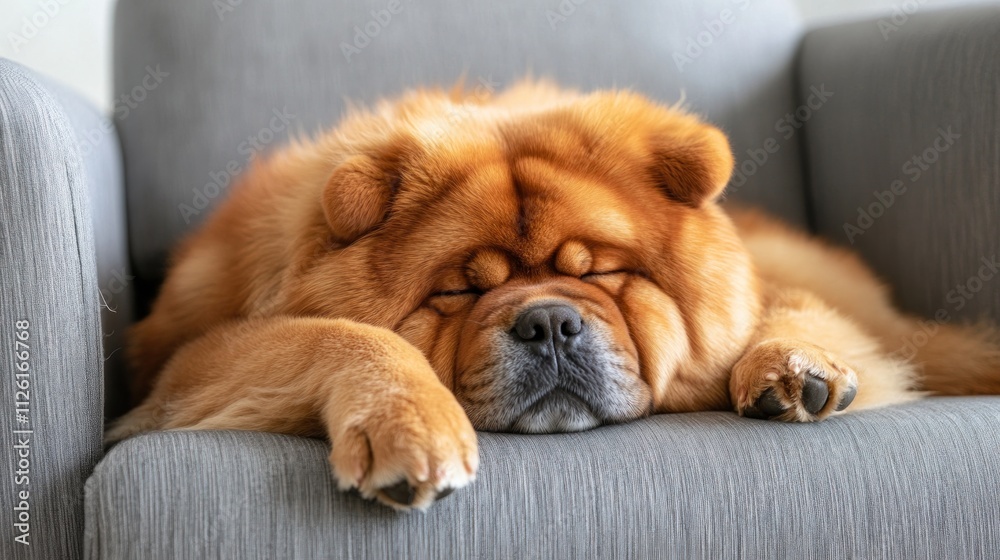 A peaceful chow chow dog sleeping on a gray armchair, showcasing its fluffy fur and relaxed demeanor. A peaceful chow chow dog sleeping on a gray armchair, showcasing its fluffy fur and relaxed demeanor.