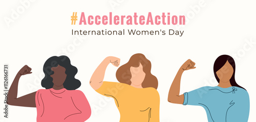 AccelerateAction banner. #Accelerateaction 2025. International Womens Day background in flat style. Faceless Womens with hand. 8 march day. Modern isolated vector illustration.
