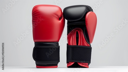 A pair of sleek black and red boxing mitts, placed side by side on a white background