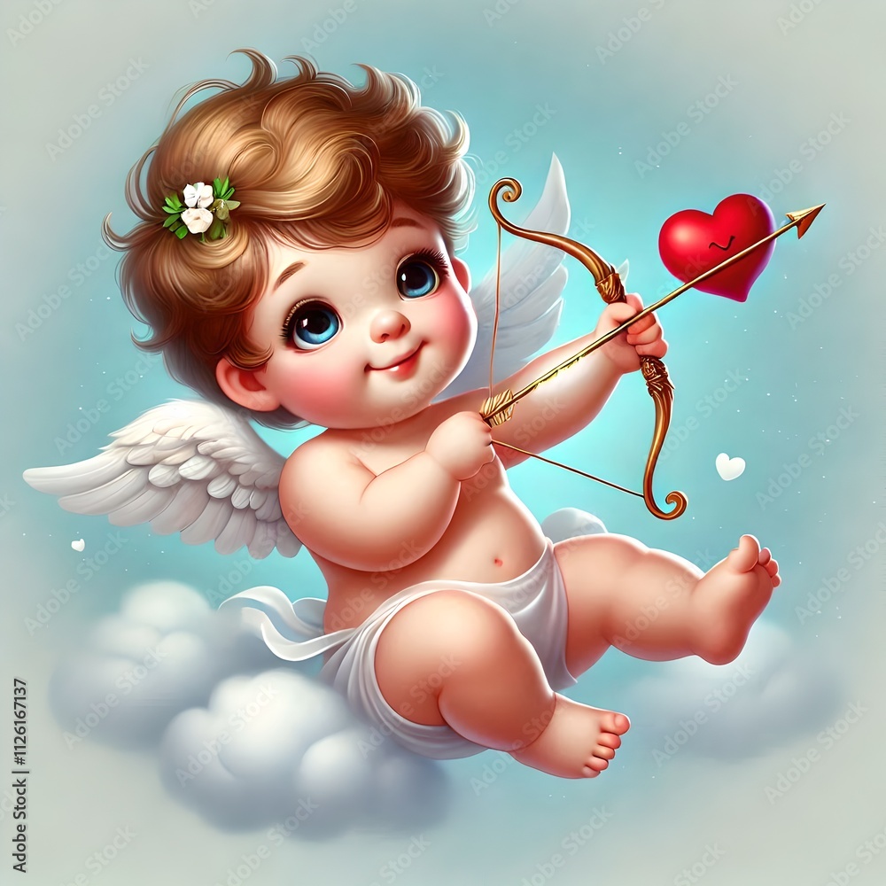 Obraz premium Cupid aiming a heart-tipped arrow from a cloud