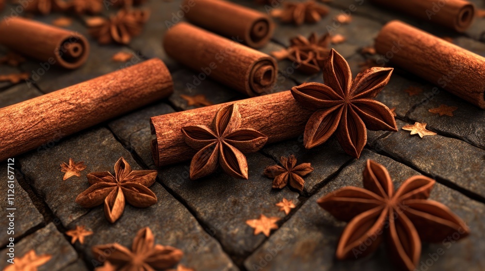 A close-up of cinnamon sticks and star anise on a textured surface. A close-up of cinnamon sticks and star anise on a textured surface.