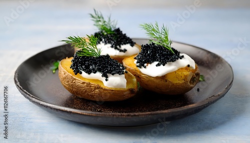 Baked potato halves topped with sour cream and black caviar, garnished with fresh dill photo