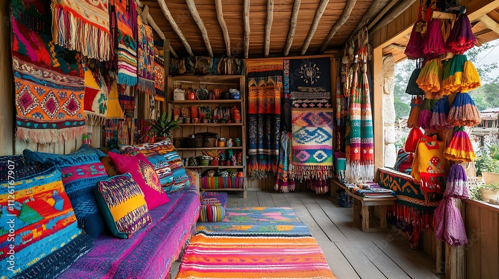 Fototapeta premium indigenous homestay, Vibrant Homestay Interior Showcasing Indigenous Textiles and Artistry, Celebrating Culture, Comfort, and Community Atmosphere in a Colorful Setting
