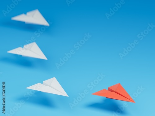 Different business concept.new ideas. paper art style. creative idea.fleet of origami paper planes. Teamwork concept.3D rendering on blue background. photo