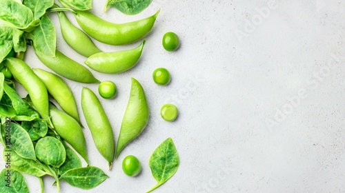 Fresh Green Vegetables and Leaves on Gray Background photo