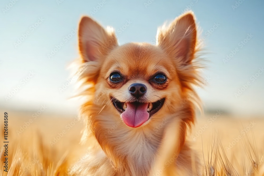 A cheerful Chihuahua smiling in a sunlit field. A cheerful Chihuahua smiling in a sunlit field.