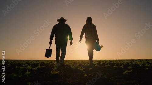 Wallpaper Mural Farmers walking in cereal fields, back view, professional agronomists, back view . Middle-aged man and woman carrying shovel and watering can in farm, rear view, family of farm workers in farmland Torontodigital.ca