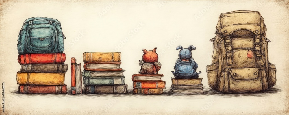 Fototapeta premium A whimsical illustration of backpacks, books, and cute animal figures, evoking a sense of adventure.