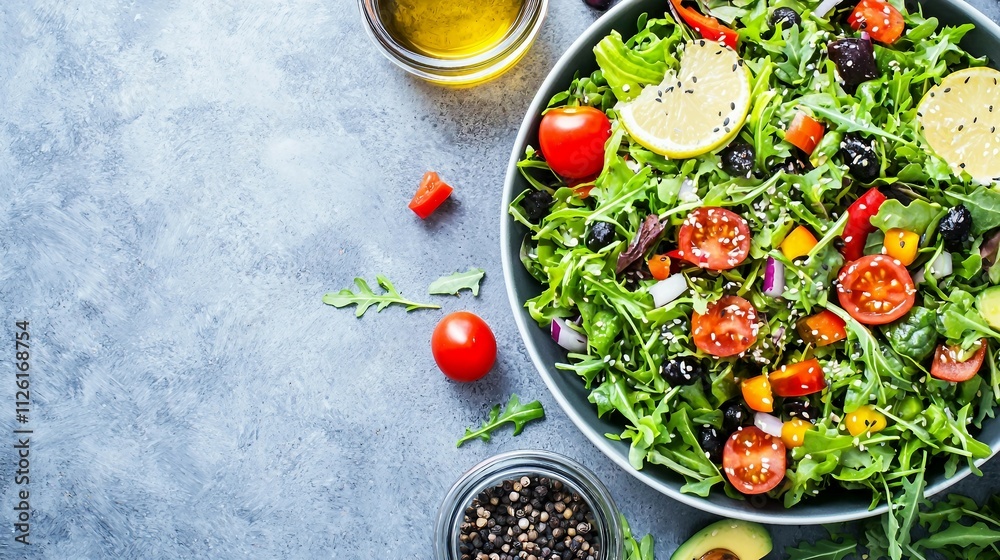 Fresh Colorful Salad with Vegetables and Herbs in a Bowl Fresh Colorful Salad with Vegetables and Herbs in a Bowl