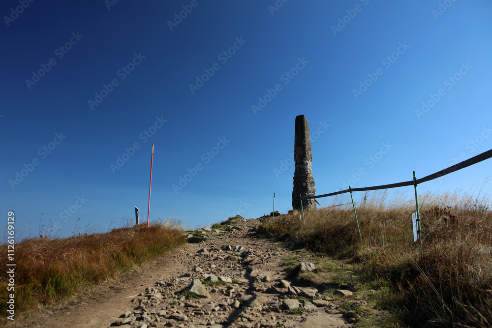Old surveying pole on the top of Wielka Rawka peak in Bieszczady mountain range, Poland