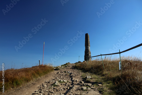 Obraz na płótnie Old surveying pole on the top of Wielka Rawka peak in Bieszczady mountain range, Poland w salonie
